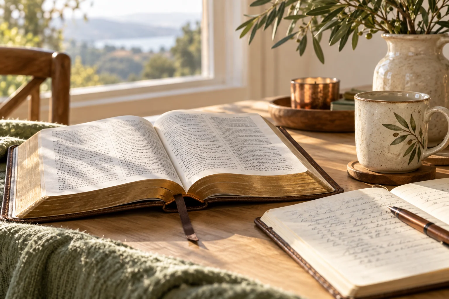 An open Bible and journal in morning light